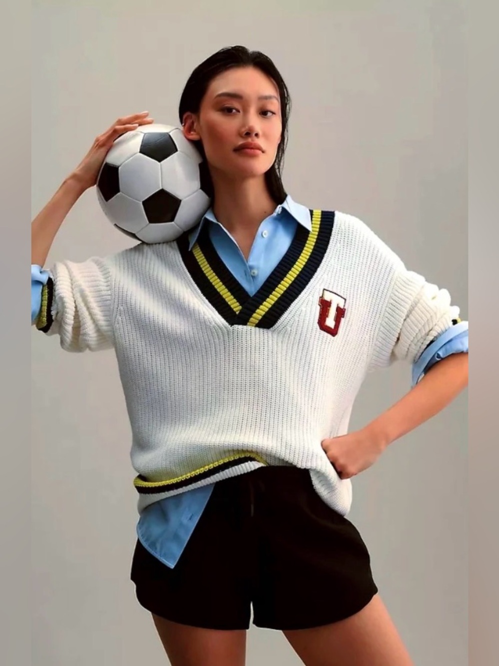 The Upside Josie Varsity V-Neck Sweater Cream Size XS Anthropologie